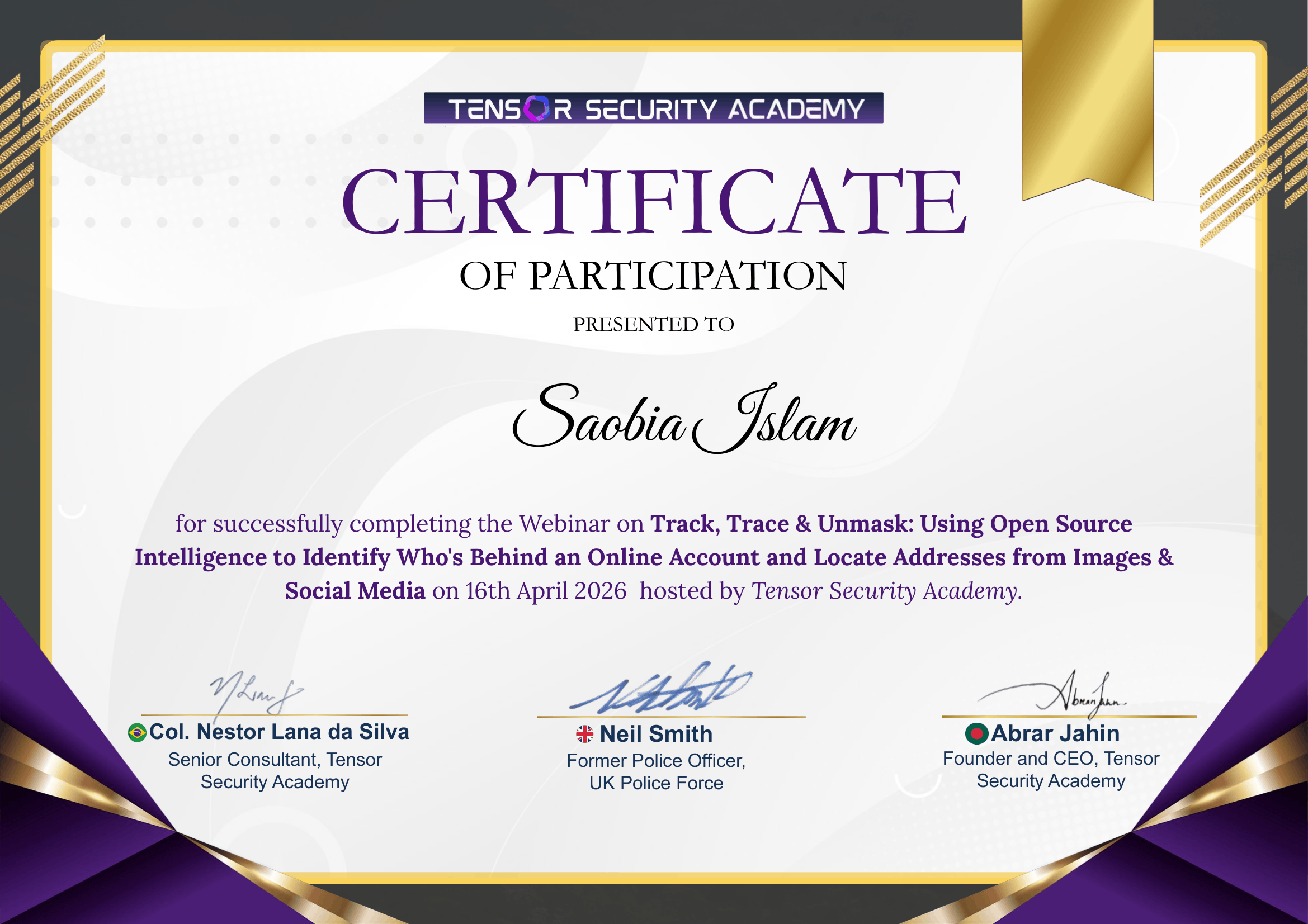 Track, Trace & Unmask OSINT Webinar Certificate